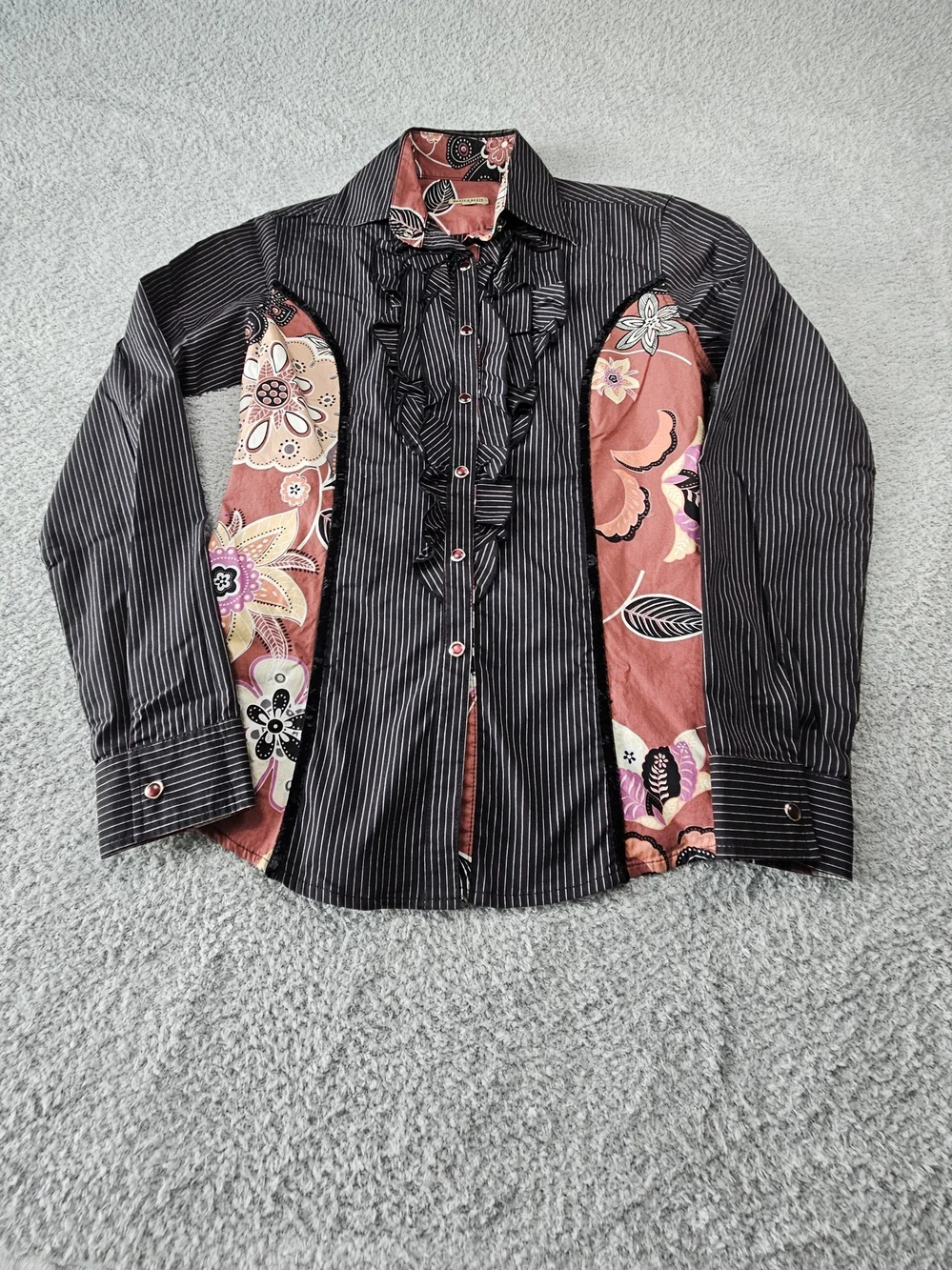 Baxis & Baxis Black Pinstripe Ruffle Blouse with Rose Floral Panels